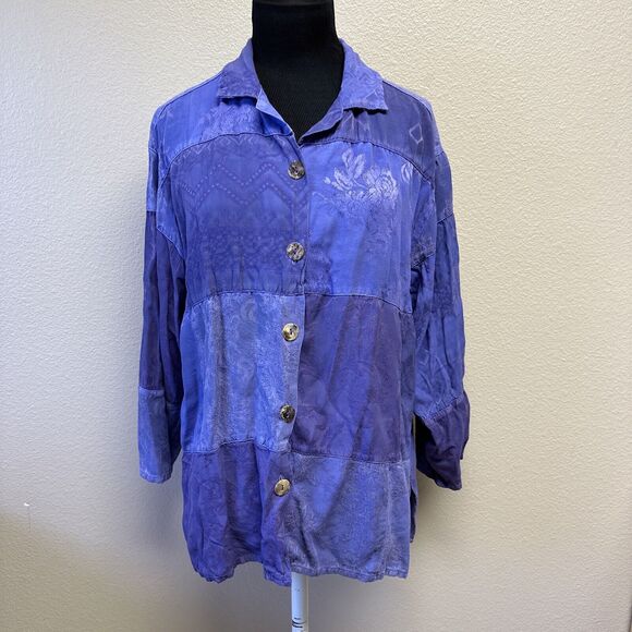 Citron Santa Monica Tops - VTG Citron Santa Monica Women's Small Purple Patchwork Design Boho Blouse Top